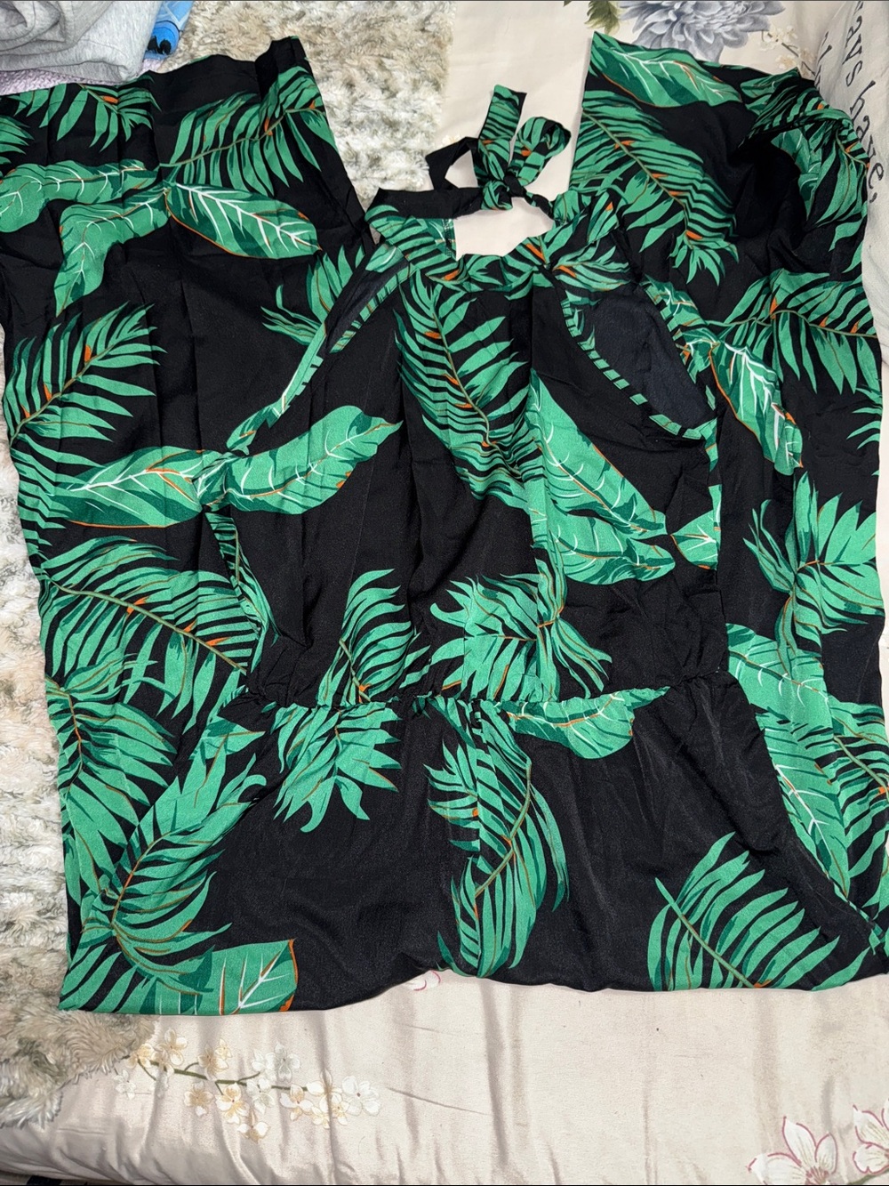 Tropical Leaf Print Black Halter pants romper with necktie